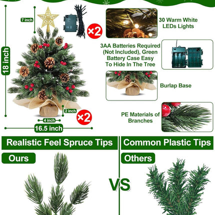 2 Pack 18 Inch 60 LED Realistic-Feel PE Thick Tabletop Christmas Tree Warm Lights with Timer Battery Operated Cedar Norfolk PE Pine Spruce Mini Small Christmas Tree Red Berry Pinecone Star Xmas Decor