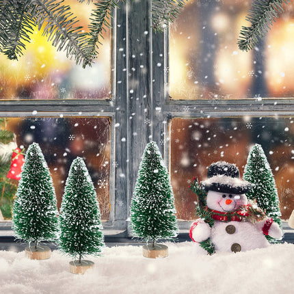 Mini Bottle Brush Pine Trees with Wood Base - Winter Snow Frost Decor and Ornaments, 72 Pieces