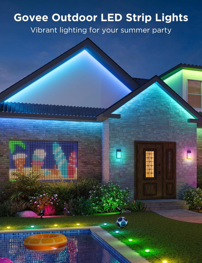 Govee Outdoor LED Strip Lights, 32.8ft Smart LED Outdoor Lights, Bluetooth App Control, IP65 Waterproof LED Lights, RGBIC Color Changing Outdoor Lights for Christmas Decorations, Party and Patio