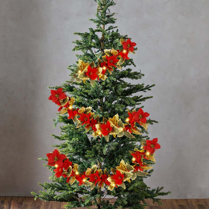 Glintoper Christmas Poinsettia Garland, 5.9 FT Lighted Artificial Garlands with 36 Red Flowers, Battery Operated with Timer Poinsettia String Lights, Light up for Xmas Year Home Decor