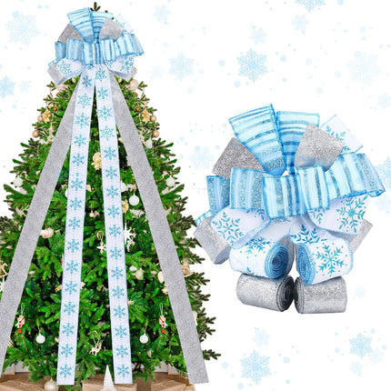 Capoda Christmas Tree Topper Bow 44'' x 12 Large Blue Christmas Tree Decoration Snowflake Ribbon Winter Flower Topper Wreath Bow with 3 Yards Long Ribbon Merry Christmas Garland for Xmas Home Decor