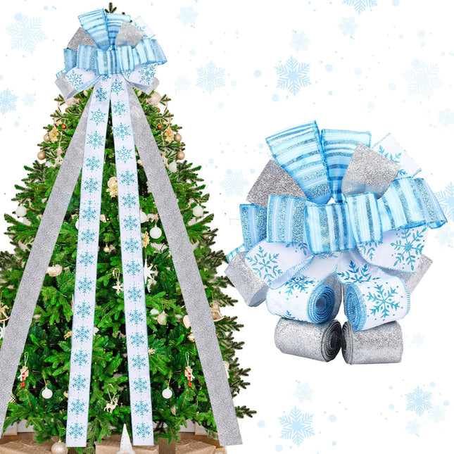 Capoda Christmas Tree Topper Bow 44'' x 12 Large Blue Christmas Tree Decoration Snowflake Ribbon Winter Flower Topper Wreath Bow with 3 Yards Long Ribbon Merry Christmas Garland for Xmas Home Decor