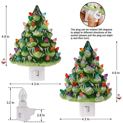 Blissun Set of 2 Ceramic Christmas Tree Night Light, 6" Christmas Decorative Ceramic Tree