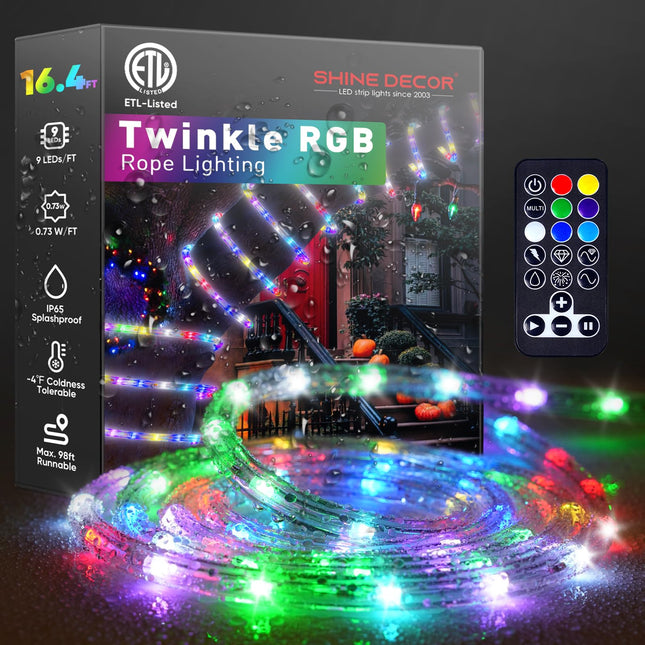 Shine Decor LED Rope Light RGB for Christmas, Color Changing Outdoor Rope Lighting Remote Control Waterproof Cold Resistant, 16FT Indoor Multicolor Twinkle Clear Tube Lights Festive Decoration