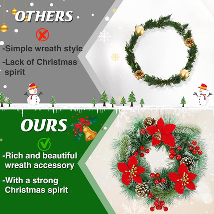 Car Wreath Truck Christmas Decor - 11.8in Xmas Front Grille Decoration s for SUVs Automotive, Winter Holiday Artificial Pine Needles Pinecone Ornament Accessories - Red Flower Berry