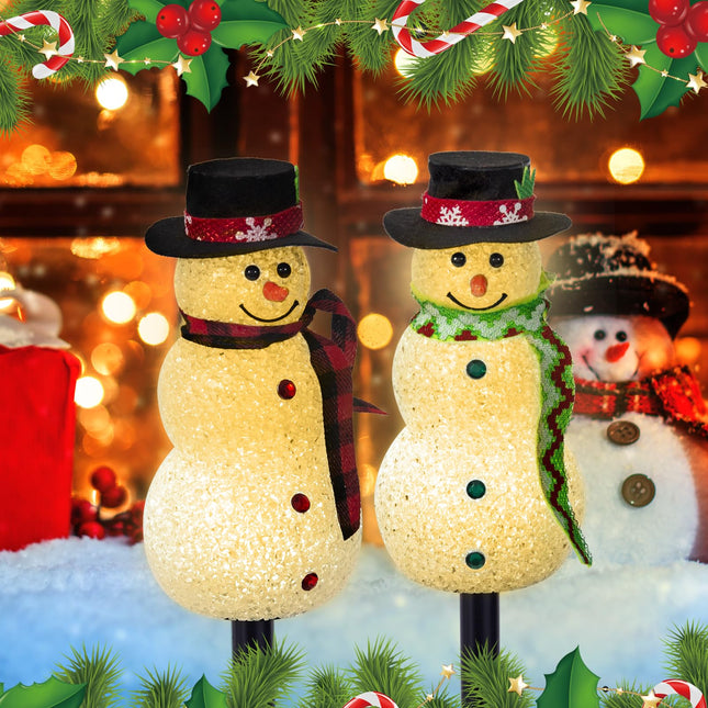 Solar Christmas Snowman Lights Outdoor Decorations, Set of 3 Led Stake Lights, Waterproof Walkway Landscape Lights for Winter Yard, Garden, Lawn Decor (Snowman-Warm White)