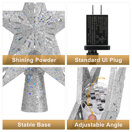Christmas Tree Topper Lighted with 6 Projected Patterns, Christmas Star Tree Topper Built-in LED Rotating Lights, 3D Glitter Projector for Party Holiday Xmas Decorations s (Sliver)