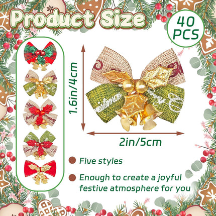 40 Pcs Christmas Bows with Bells,Xmas Wreath Bow Bells Craft Decorations,Christmas Tree Bowknot Hanging Ornament Xmas for Holiday Party Supplies,Xmas Decor Accessories