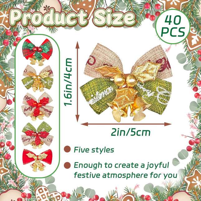40 Pcs Christmas Bows with Bells,Xmas Wreath Bow Bells Craft Decorations,Christmas Tree Bowknot Hanging Ornament Xmas for Holiday Party Supplies,Xmas Decor Accessories