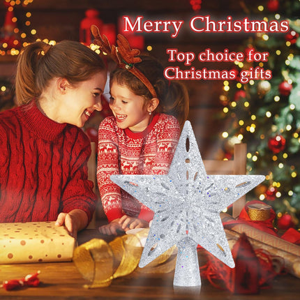 Christmas Tree Topper Lighted with 8 Projection Modes, Christmas Star Tree Topper Built-in LED Rotating Lights, 3D Silver Star Tree Top Glitter Projector for Xmas Party Holiday Decorations
