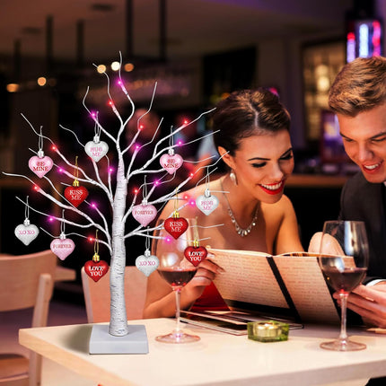 Valentines Day Decorations 24 Inch Lighted Valentines Decor Tree with 12 Heart Ornament, Timer/USB/Battery Operated Valentine's Decoration Tree, Valentines Day Decor for Home Table Bedroom Party