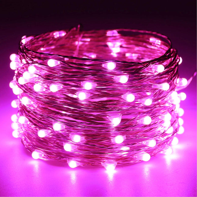 RUICHEN Twinkle String Lights Plug in, Dimmable 33Ft 100 LED Fairy Lights with Remote, Waterproof Silver Wire Firefly Lights for Christmas Easter Valentines Day Wedding Party Bedroom Patio (Pink)