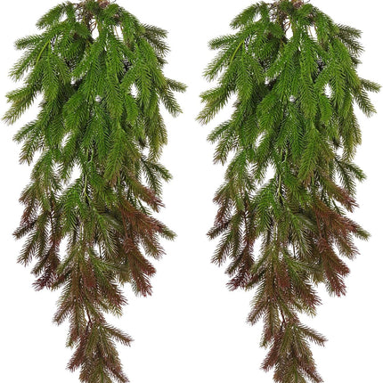 RECUTMS 2Pcs Christmas Pine Garland 3.3FT Hanging Fake Pine Needle Plants Faux Greenery Winter Norfolk Pine Swag Artificial Wreath Decor for Christmas Indoor Outdoor Holiday Table Mantel Winter (Red)