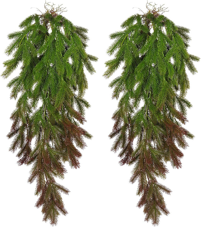 RECUTMS 2Pcs Christmas Pine Garland 3.3FT Hanging Fake Pine Needle Plants Faux Greenery Winter Norfolk Pine Swag Artificial Wreath Decor for Christmas Indoor Outdoor Holiday Table Mantel Winter (Red)