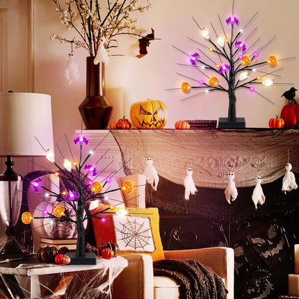 [Timer] 2 Pack 18" Black Halloween Tree, 48 LED Spooky Lighted Halloween Table Decor with Pumpkin Bat Ghost Lights, USB/Battery Operated Halloween Decorations Indoor Birch Tree for Home Party Mantle