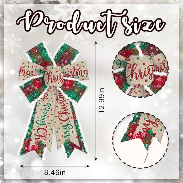 2PCS Merry Christmas Bow for Wreath, Burlap Red Green Plaid Wreath Bow for Christmas Décor Winter Bow for Front Door Indoor Outdoor Wall Tree Topper Decoration Supplies Xmas Hanging Ornament