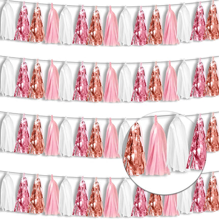 4P Rose-Gold Pink White Foil Fringe Tassel Banner Garland Metallic Tinsel Streamers Wall Hanging Curtain Backdrop for Parade Floats, Graduation , Wedding, Birthday, Retirement Party Decorations