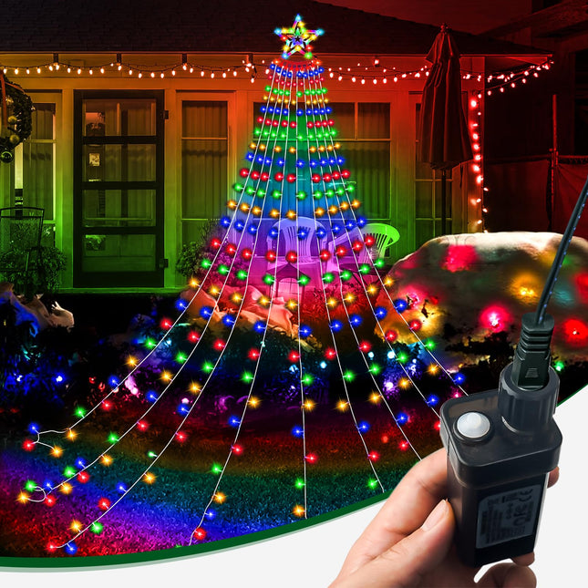 Outdoor Christmas Lights for House, 350LED Colorful Christmas Decorations, 12.5ft Christmas Waterfall Lights, 8 Modes Waterproof Christmas Lights Outdoor with Star Tree Topper Light for Yard Tree