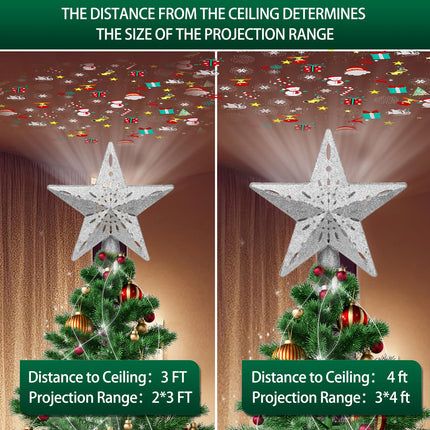 Star Christmas Tree Topper Lighted with 6 Projection Modes - Spark Christmas Decorations Treetop LED Rotating Glitter Decor(Silvery)