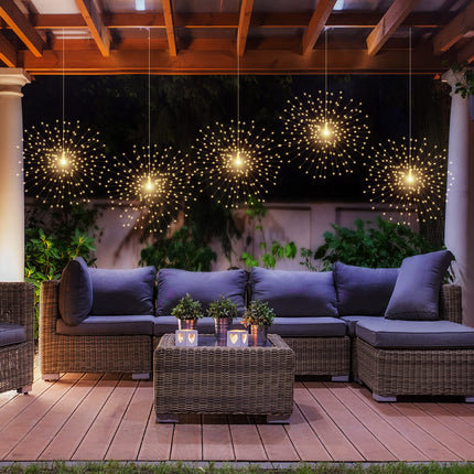5 Pack Solar Starburst Sphere Lights,200 LED Firework Lights, 8 Modes Dimmable Waterproof Hanging Fairy Light, Copper Wire Lights for Patio Parties Christmas (Warm White)
