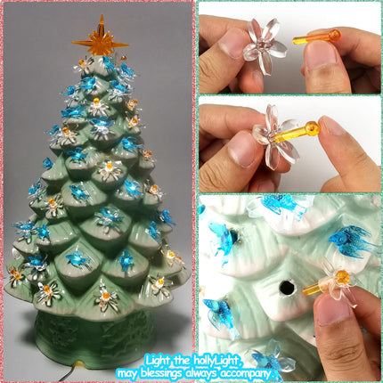 153Pcs Ceramic Christmas Tree Replacement Poinsettia Clear Bulbs-50 Clear Flower Lights＆50 Plastic Gold Berrys Tree Pegs＆50 Aqua Cardinal Birds Knob Decor for Glazed Tabletop Porcelain Trees,Etc.