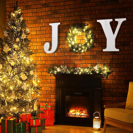 12 Inch Lighted Christmas Wood Joy Sign with Wreath LED String Lights Large Xmas Joy Letters Decor Wooden Hanging Joy Sign for Xmas Holiday Indoor Outdoor Home Wall Door Decoration(White)