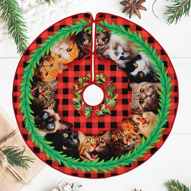 Christmas Cats Tree Skirt 48 Inches, Cat Lover s, Lace-up Kitten Red Xmas Tree Skirt for Christmas Tree Decor, Christmas Holiday Party Indoor Decor