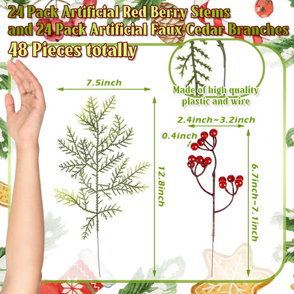 Panelee 48 Pcs Christmas Artificial Pine Branches with Red Berry Stems 12.8''Christmas Pine Needles for DIY Fake Greenery Christmas Garland Wreath Xmas Embellishing Flower Arrangements Decoration