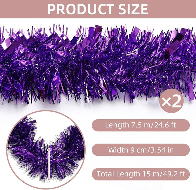 50 FT Purple Tinsel Garland Christmas Tinsel Garland Xmas Tree Decorations Metallic Tinsel Twist Garland for Christmas Tree Year Holiday Birthday Party Decorations (3.54" x 50', Purple)
