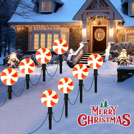 C9 Christmas Pathway Lights Outdoor - 7FT Christmas String Light with 4 Lollipop LED Marker Lights, Red and White Christmas Candy Landscape Lights for Garden Lawn Party Decor - 2 Pack