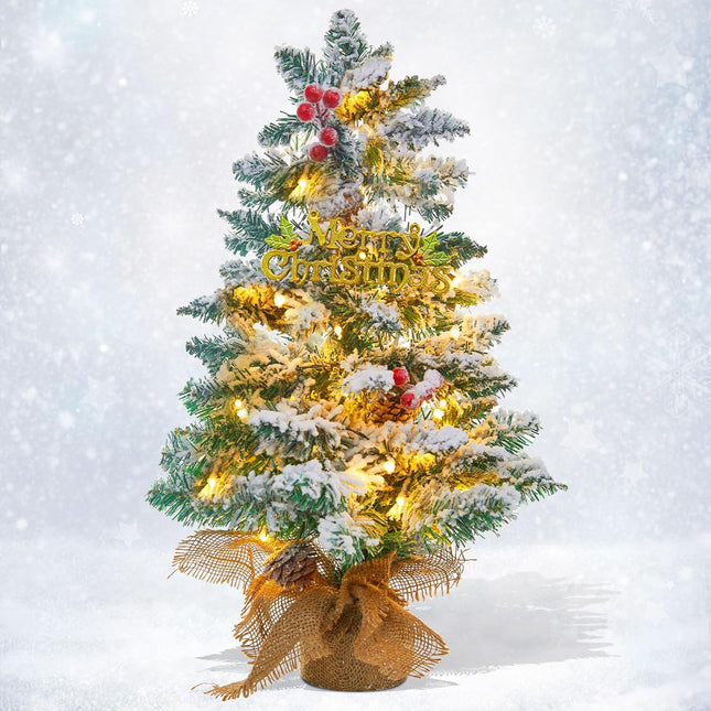 Small Mini Table top Christmas Tree with 50 LED Lights 24 Inch /2FT Little Prelit Christmas Tree Decorated Boxes and Hanging Ornaments for DIY Christmas Decoration (Flocked)