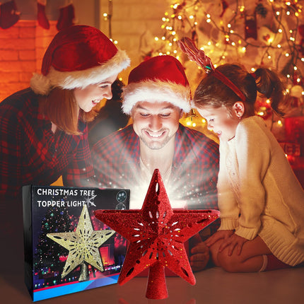 Christmas Tree Topper Lighted with 6 Projection Pattern -Star Tree Topper Built-in Led Rotating Light -3D Glitter Hollow Dynamic Projector for Xmas Tree Topper Decoration (Red)