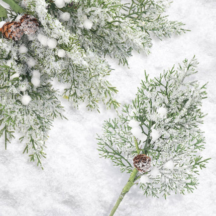 Lyrow 24 Pcs Christmas Artificial Juniper Cedar Branches Picks Spray with Berry Faux Greenery Spray Branches Cedar Twig Stems for Holiday Winter Ornament Crafts Wreath Garland (White Berry with Snow)