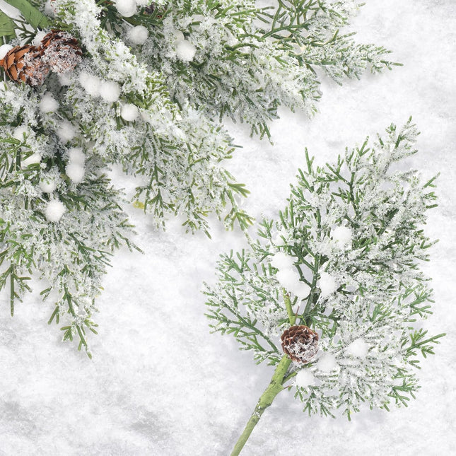 Lyrow 24 Pcs Christmas Artificial Juniper Cedar Branches Picks Spray with Berry Faux Greenery Spray Branches Cedar Twig Stems for Holiday Winter Ornament Crafts Wreath Garland (White Berry with Snow)