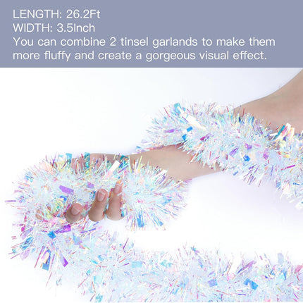 Sggvecsy 26.2Ft Christmas White Tinsel Garland Xmas Tree Decorations Christmas Iridescent Metallic Twist Garland Ceiling Hanging Decorations for Year Party Birthday Holiday Indoor Outdoor Supplies