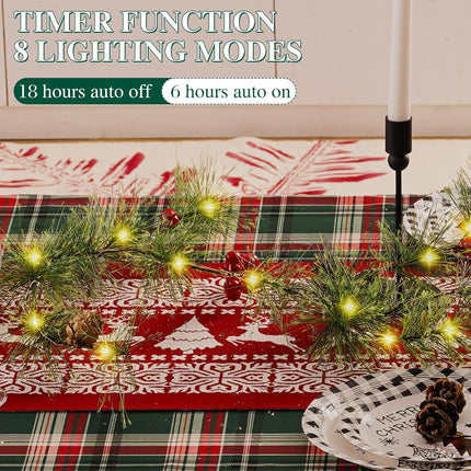 6.56FT Christmas Garland with Lights 100 LED Prelit Christmas Smokey Pine Garland, 8 Flash Modes and Timer for Xmas Table Mantle Fireplace Wall Room Outdoor Indoor Decoration