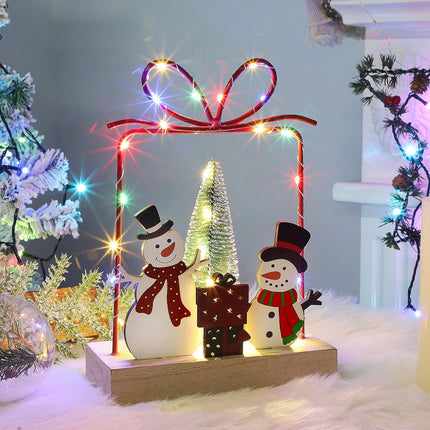 Lulu Home Christmas Tabletop Decoration, Wooden Pre-lit Xmas Snowmen Boxes Ornament with Metal Frame, Battery Operated LED Light Up Holiday Sign for Indoor Mantel Shelf Decor