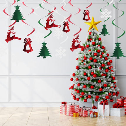 30 Pcs Christmas Hanging Foil Swirl Decorations Set, Xmas Hanging Reindeer Snowflake Green Christmas Tree Bell Swirls Decorations, Hanging String Garland for Indoor Holiday Winter Wall Party Office
