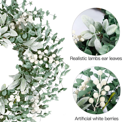 Sggvecsy Artificial Greenery Leaves Wreath for Front Door 22 Inch Greenery Boxwood Wreath Flocked Lambs Ear Wreath with White Berries Spring Summer Wreath for Farmhouse Wall Home Indoor Outdoor Decor