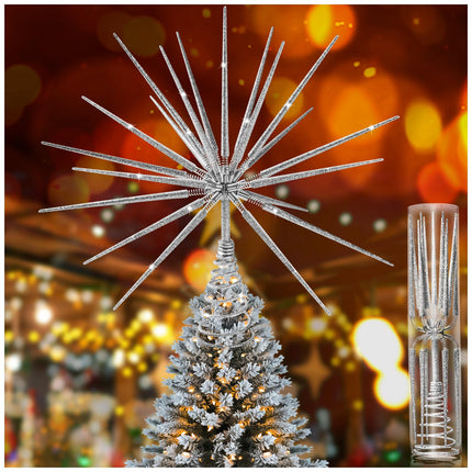 Silver Christmas Tree Topper 13.7 Inch - Silver Starburst Silver Tree Topper, Exploding Star Christmas Tree Decorations