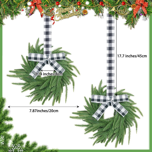 8 Pack Christmas Wreath, Real Touch Norfolk Pine Wreaths, 7.8“ Christmas Wreaths with Ribbon for Kitchen Cabinet Window Front Door Decor, Decorative Hanging Wreath for Xmas Decoration(Black and white)