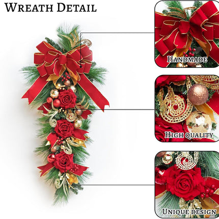 Christmas Swag Outdoor Teardrop Swag Christmas Teardrop Wreath- 36 Inch Green Evergreen Stair Swag Decorated with Red Rose Flowers,Velvet Bow Ribbon,Ball Ornaments for Front Door Stairway