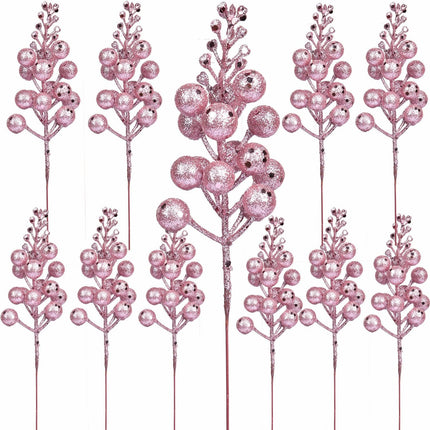 20 Pack Christmas Glitter Berries Stems, 8 Inch Champagne Artificial Christmas Picks for Christmas Tree Ornaments, DIY Xmas Wreath, Crafts, Holiday and Home Decor (Pink)