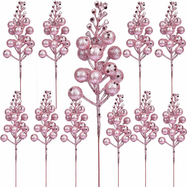 20 Pack Christmas Glitter Berries Stems, 8 Inch Champagne Artificial Christmas Picks for Christmas Tree Ornaments, DIY Xmas Wreath, Crafts, Holiday and Home Decor (Pink)