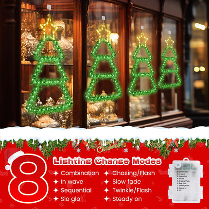 LED Christmas Decorations Lights, Green Lighted Christmas Tree with Silver Tinsel and Warm White Star Topper, Battery Operated Hanging Lights for Indoor Outdoor, Window Wall Door Home Decor