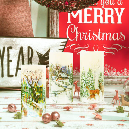 Christmas Flameless Candles Real Wax LED Candles Decor Battery Operated with Timer and Green Christmas Tree Decal,Set of 3,Warm Light