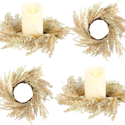 Panelee 4 Pcs Pampas Grass Candle Rings Wreath Faux Pampas Grass Candleholders 3.9 Inch Small Boho Wreath Artificial Greenery Candle Rings for Wedding Home Decor Fall Tabletop Farmhouse Decor