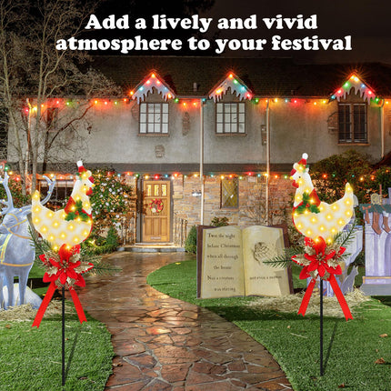 2 Pack Solar Christmas Stake Lights, LED Xmas Chicken Metal Stake Lights with Poinsettia, Cemetery Grave Decorations, Christmas Pathway Lights for Garden Yard Lawn Outside, 32 Inches