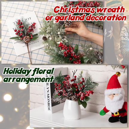 Artificial Christmas Picks, 12 PCS 12" Pine Branches Red Berry Twig Stems Pinecones Holly Snow Flocked Spray Flowers for Christmas Tree Wreath Floral Arrangement Winter Holiday Season Décor