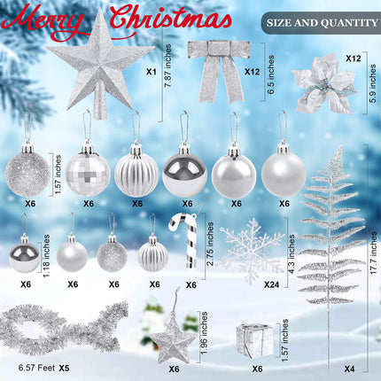 Aodaer 142 Pieces Silver Assorted Christmas Tree Ball Ornament Set Shatterproof Hanging Decoration, Christmas Tree Ball, Glitter Poinsettia, Bowknot, Tinsel, Leaves for Xmas Tree Holiday Wedding Party
